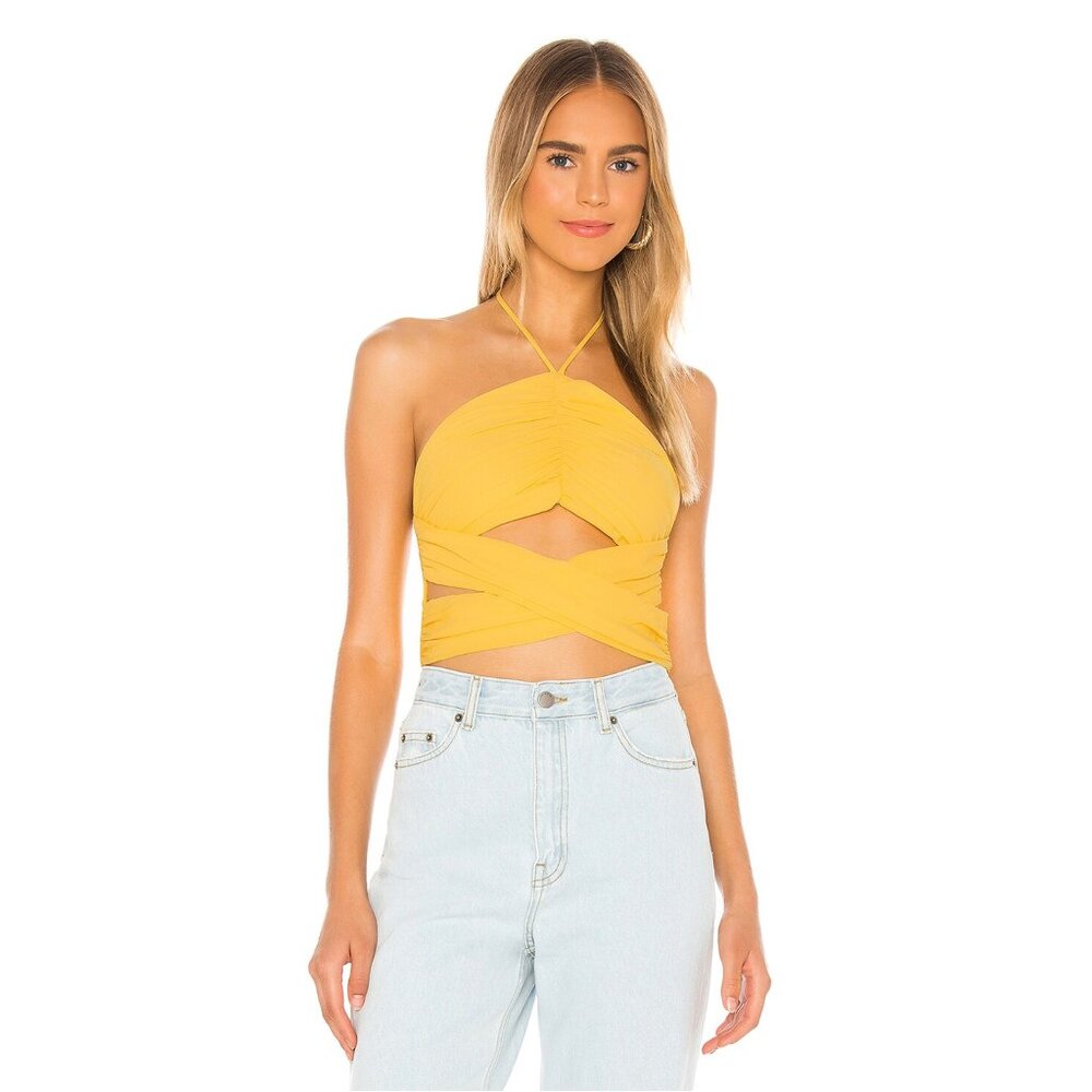 superdown Yellow Halter Cutout Wrap Crop Top